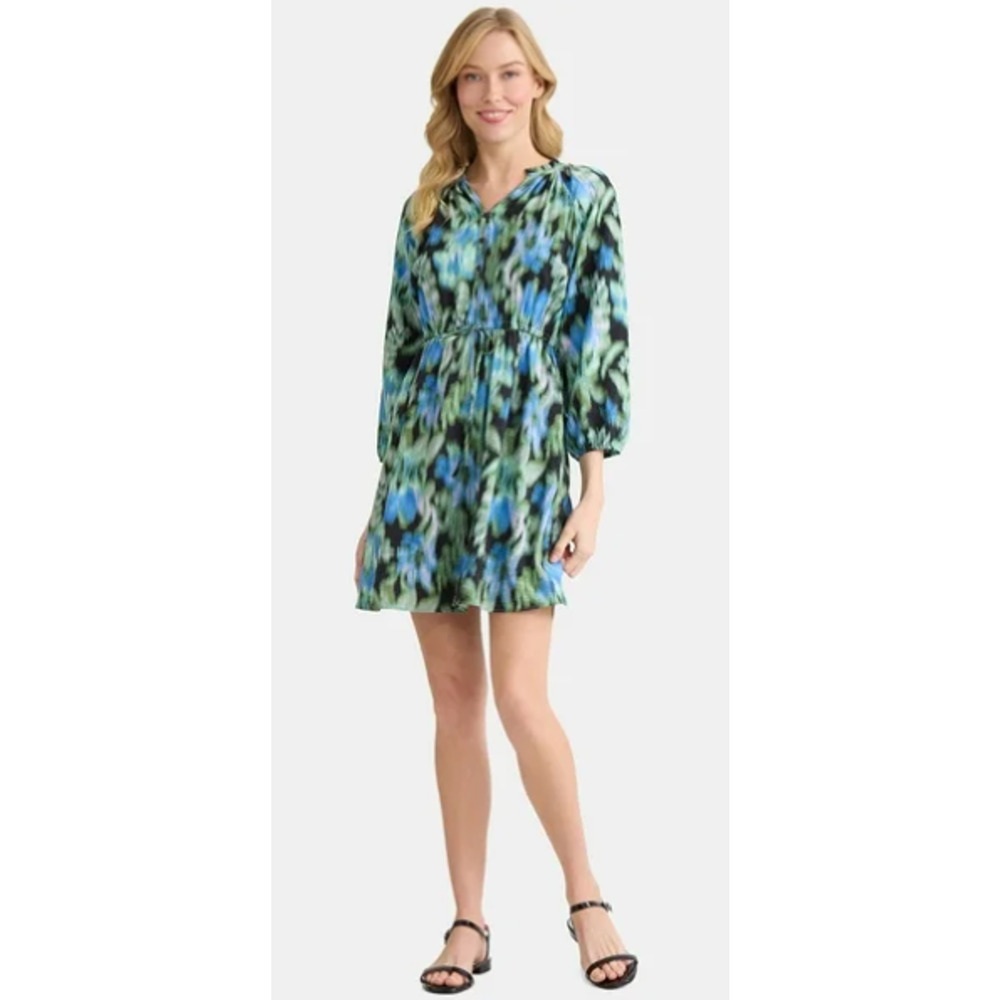 Time and Tru Green Blue Floral‎ Ikat Split Neck 3/4 Sleeve Dress Womans Size 2XL